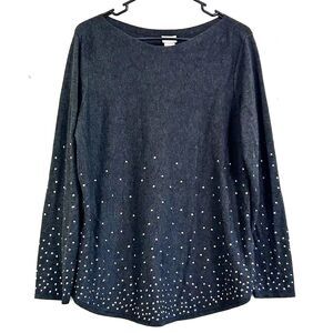 Chico’s Women’s Gray Silver Rhinestone Tunic Sweater Size L Soft Comfy Sweater